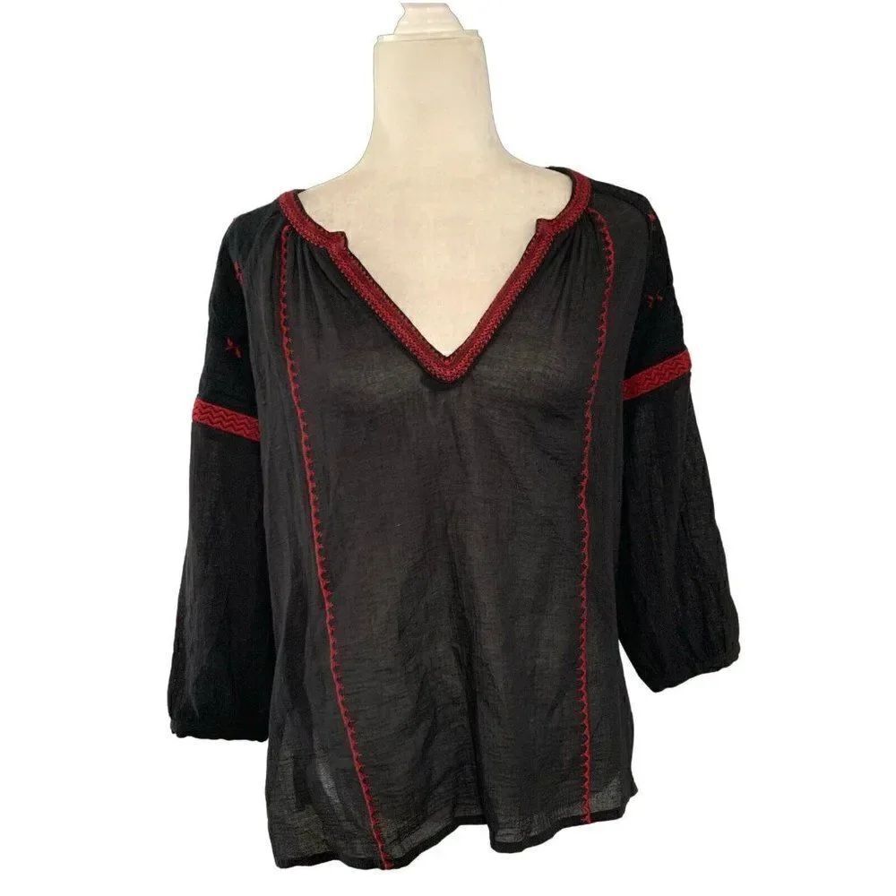j crew womens black red v neck long sleeve bohemian top medium